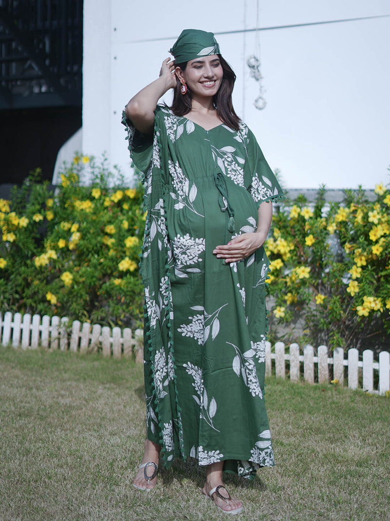 Bottle Green Tropical Print Feeding-Friendly Maternity Kaftan Dress