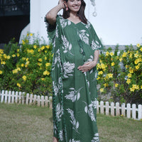 Bottle Green Tropical Print Feeding-Friendly Maternity Kaftan Dress