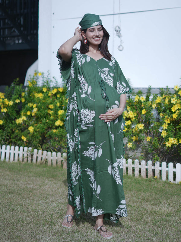 Bottle Green Tropical Print Feeding-Friendly Maternity Kaftan Dress