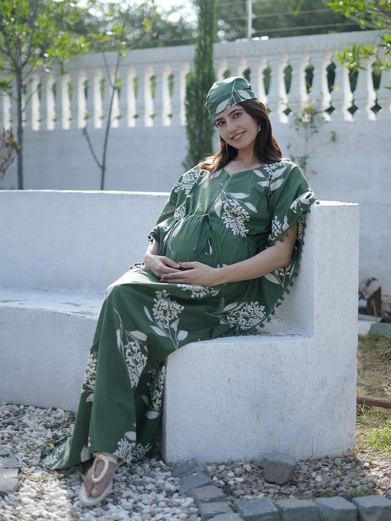 Bottle Green Tropical Print Feeding-Friendly Maternity Kaftan Dress