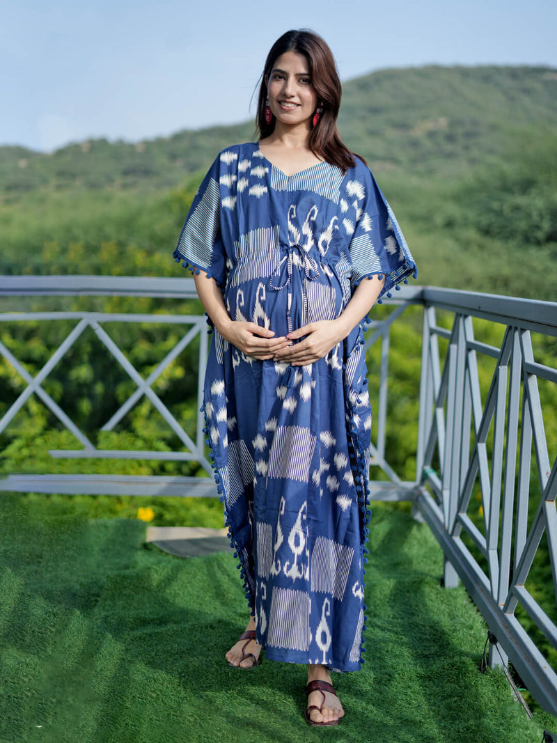 Navy Blue Ikat Print Feeding-Friendly Maternity Kaftan Dress