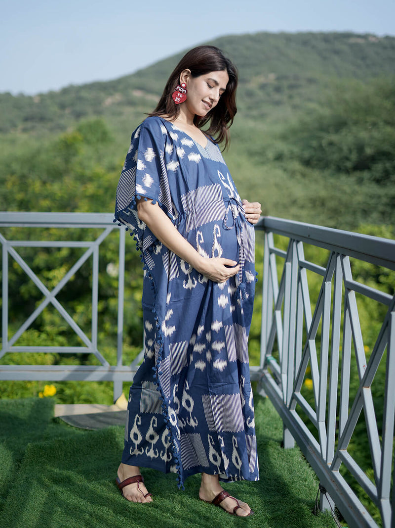 Navy Blue Ikat Print Feeding-Friendly Maternity Kaftan Dress