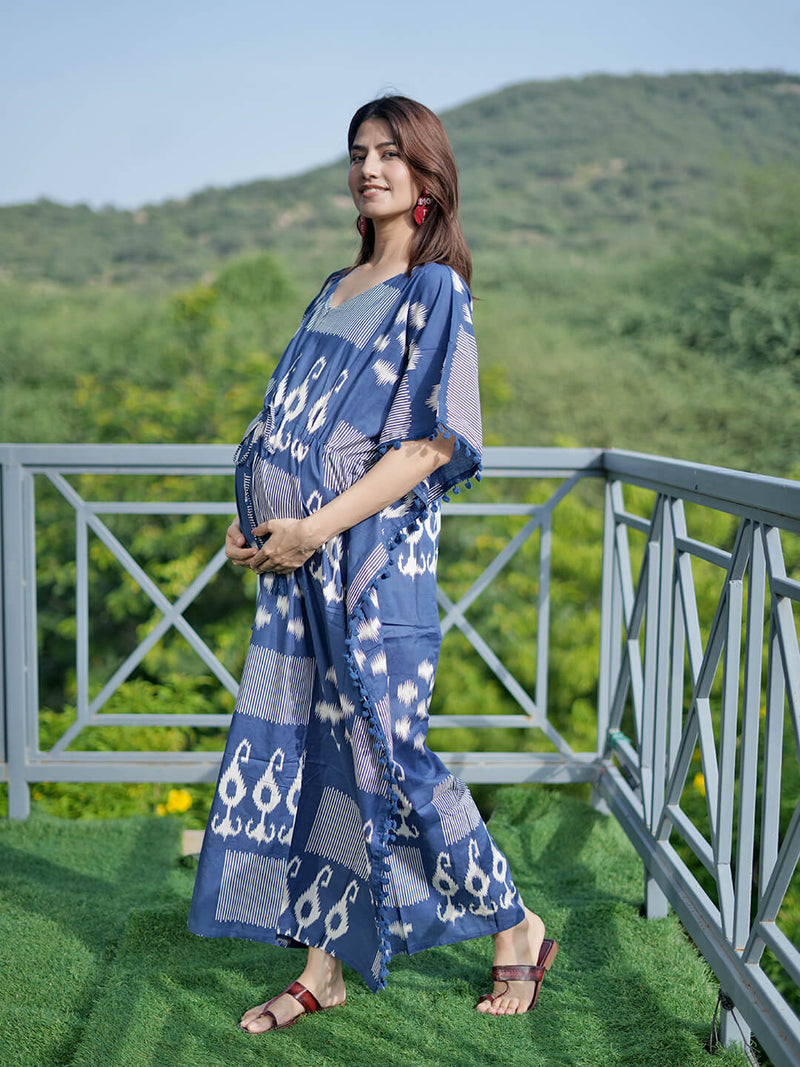 Navy Blue Ikat Print Feeding-Friendly Maternity Kaftan Dress