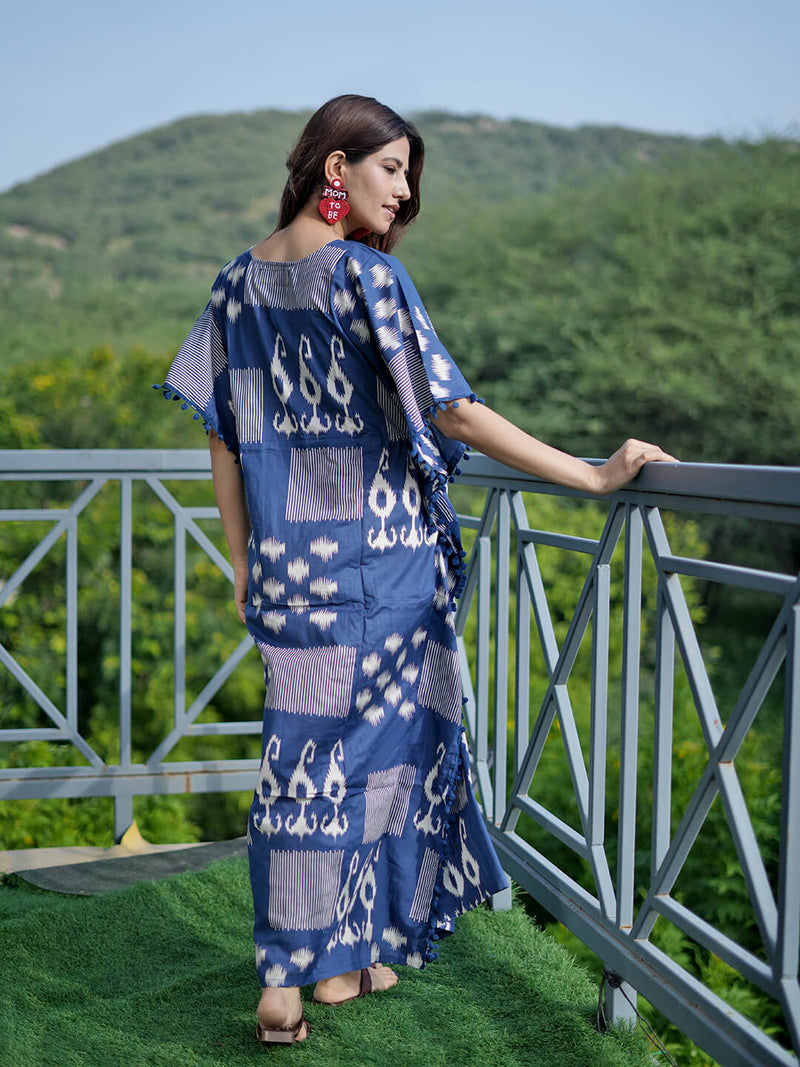 Navy Blue Ikat Print Feeding-Friendly Maternity Kaftan Dress