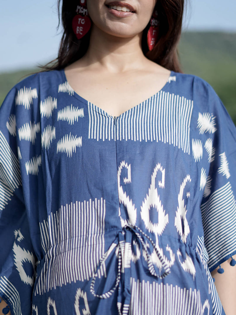 Navy Blue Ikat Print Feeding-Friendly Maternity Kaftan Dress