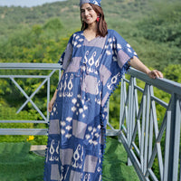 Navy Blue Ikat Print Feeding-Friendly Maternity Kaftan Dress