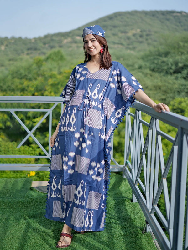 Navy Blue Ikat Print Feeding-Friendly Maternity Kaftan Dress