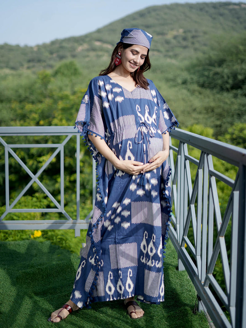 Navy Blue Ikat Print Feeding-Friendly Maternity Kaftan Dress