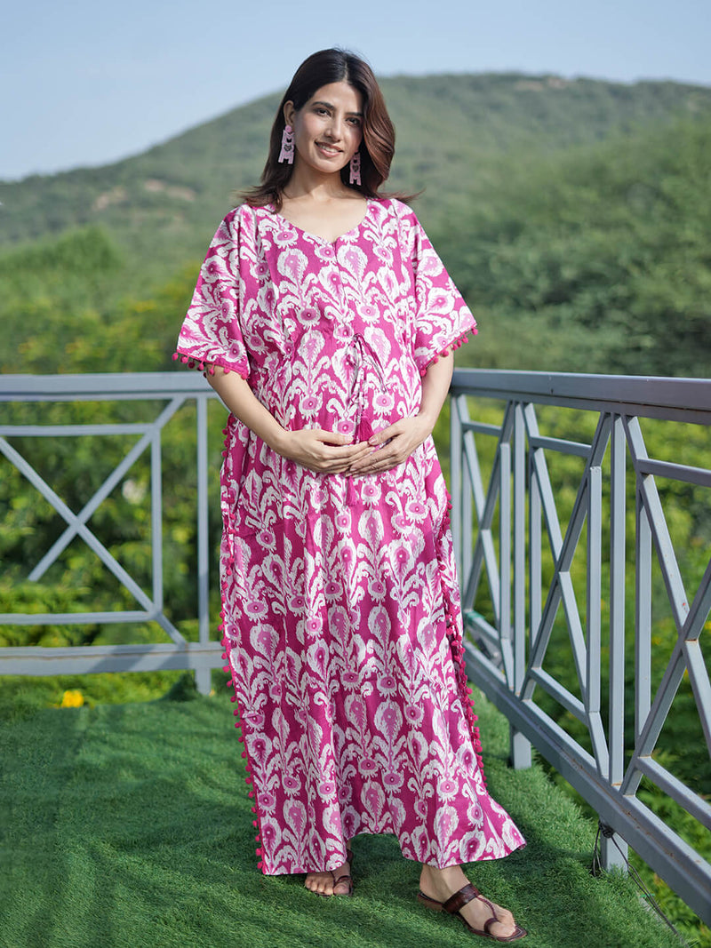 Fuchsia Ikat Print Feeding-Friendly Maternity Kaftan Dress