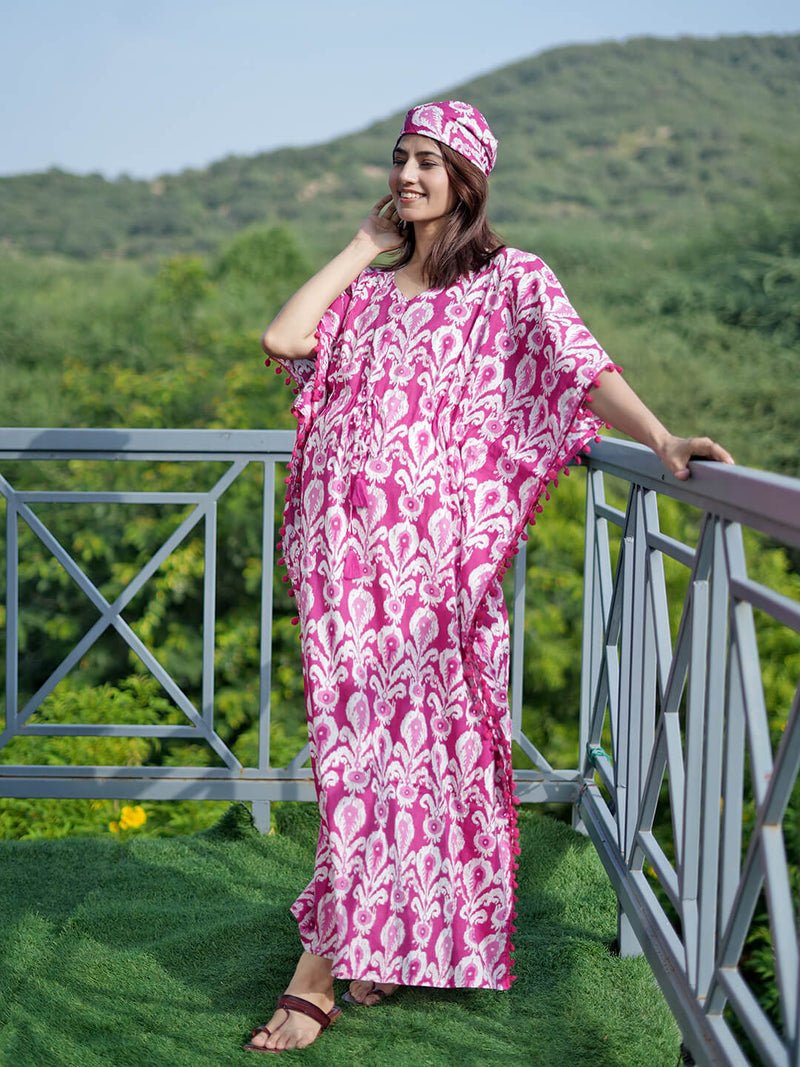 Fuchsia Ikat Print Feeding-Friendly Maternity Kaftan Dress