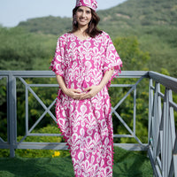 Fuchsia Ikat Print Feeding-Friendly Maternity Kaftan Dress
