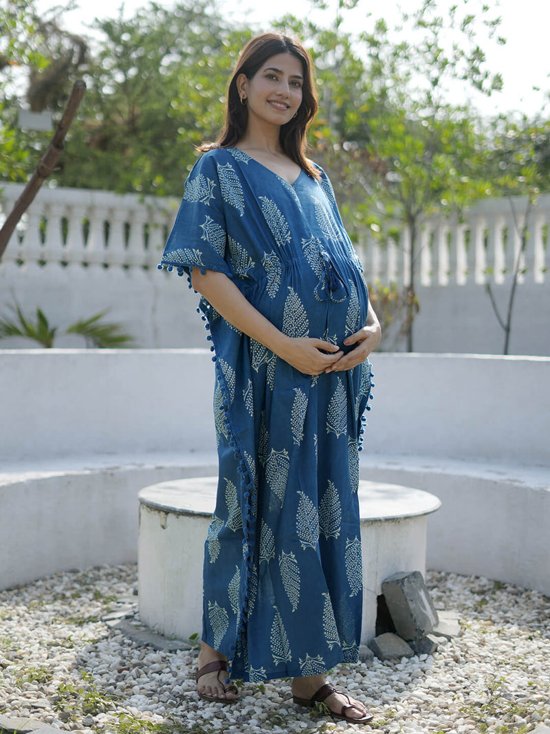 Indigo Ethnic Printed Feeding-Friendly Maternity Kaftan Dress