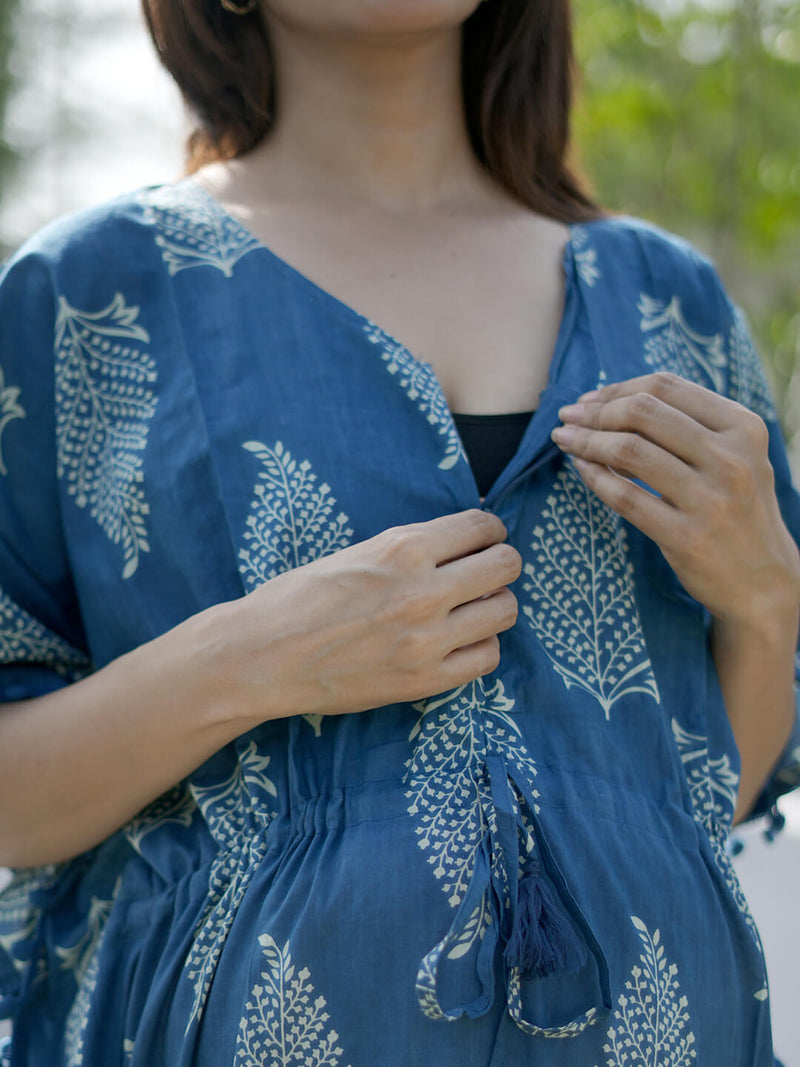 Indigo Ethnic Printed Feeding-Friendly Maternity Kaftan Dress