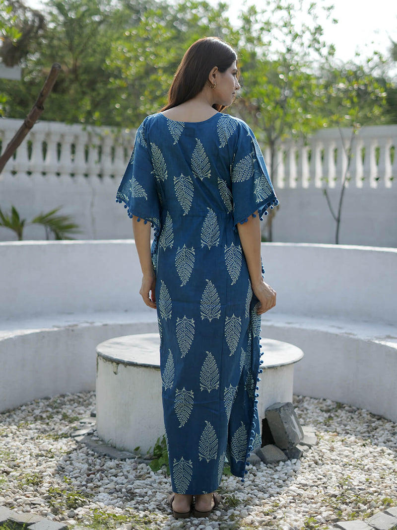 Indigo Ethnic Printed Feeding-Friendly Maternity Kaftan Dress