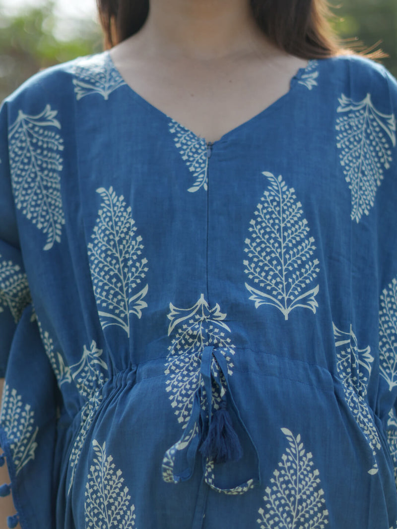 Indigo Ethnic Printed Feeding-Friendly Maternity Kaftan Dress