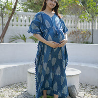 Indigo Ethnic Printed Feeding-Friendly Maternity Kaftan Dress