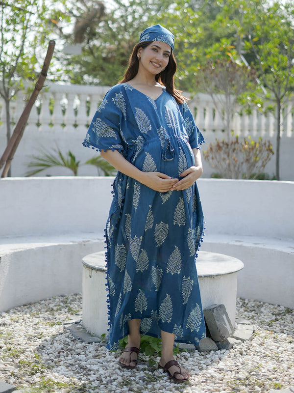 Indigo Ethnic Printed Feeding-Friendly Maternity Kaftan Dress