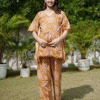 Mustard Ethnic Motifs Print Maternity Feeding-Friendly Kaftan Night Suit with Concealed Zipper