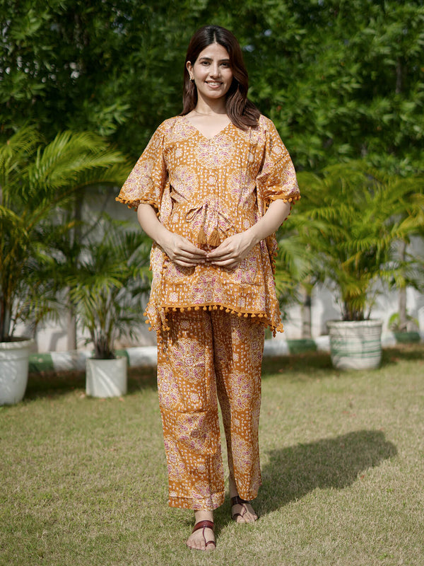 Mustard Ethnic Motifs Print Maternity Feeding-Friendly Kaftan Night Suit with Concealed Zipper
