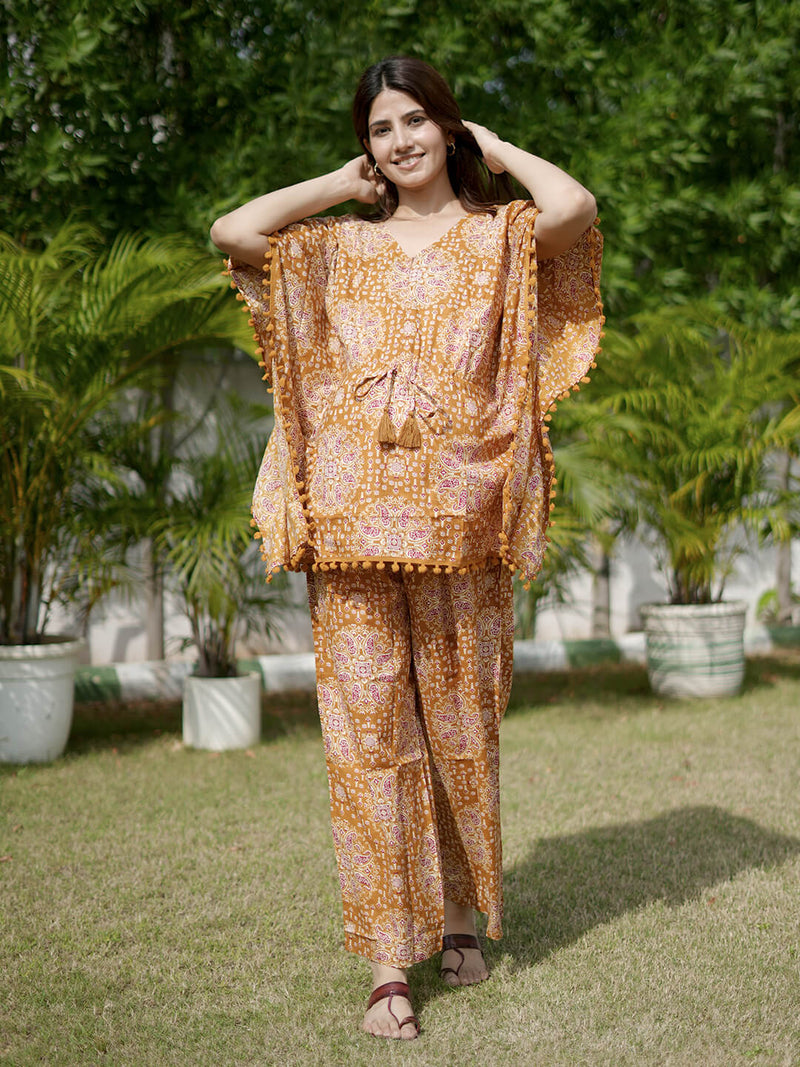 Mustard Ethnic Motifs Print Maternity Feeding-Friendly Kaftan Night Suit with Concealed Zipper
