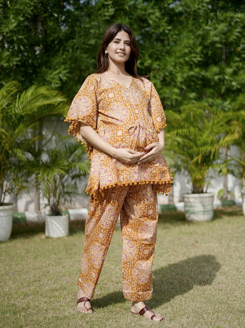 Mustard Ethnic Motifs Print Maternity Feeding-Friendly Kaftan Night Suit with Concealed Zipper