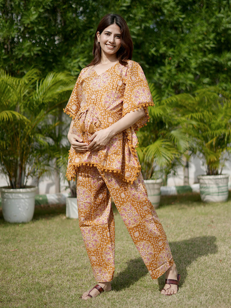 Mustard Ethnic Motifs Print Maternity Feeding-Friendly Kaftan Night Suit with Concealed Zipper