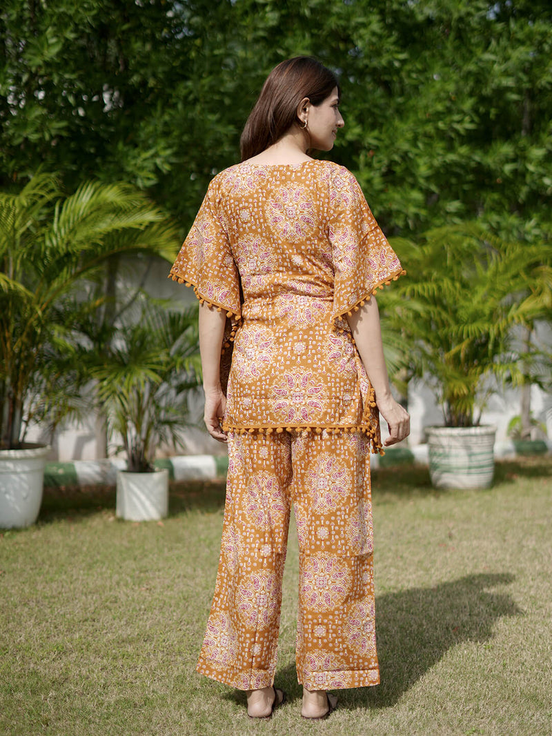 Mustard Ethnic Motifs Print Maternity Feeding-Friendly Kaftan Night Suit with Concealed Zipper