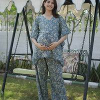Grey Ethnic Motif Printed Maternity Feeding-Friendly Kaftan Night Suit with Concealed Zipper