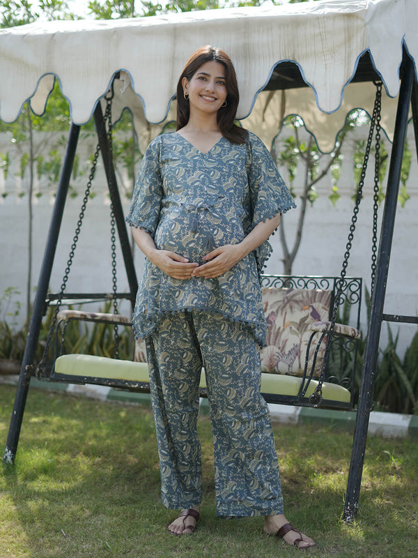 Grey Ethnic Motif Printed Maternity Feeding-Friendly Kaftan Night Suit with Concealed Zipper
