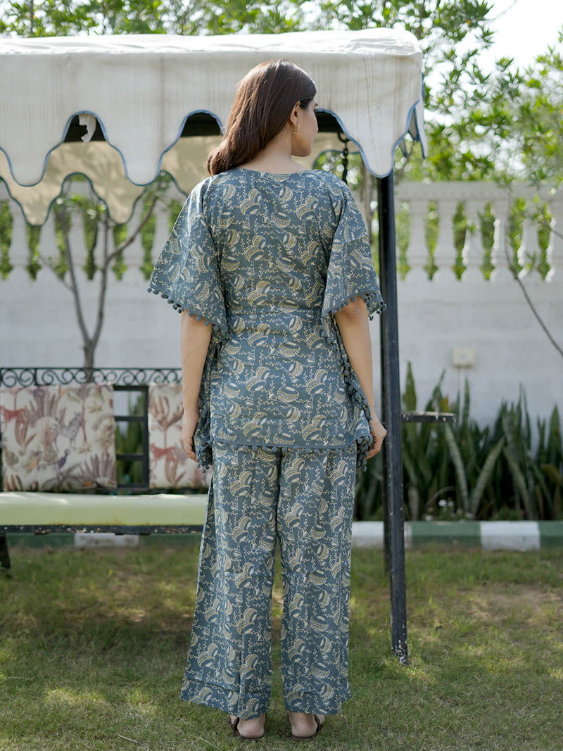 Grey Ethnic Motif Printed Maternity Feeding-Friendly Kaftan Night Suit with Concealed Zipper