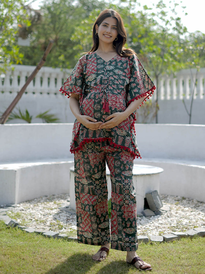 Bottle Green Ethnic Motifs Print Maternity Feeding-Friendly Kaftan Night Suit with Concealed Zipper