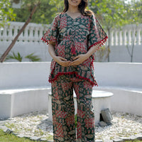 Bottle Green Ethnic Motifs Print Maternity Feeding-Friendly Kaftan Night Suit with Concealed Zipper