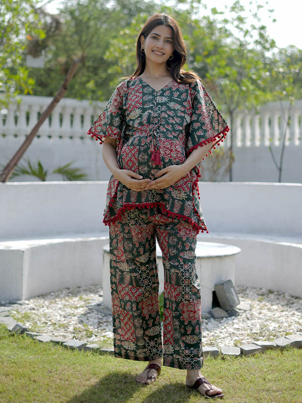 Bottle Green Ethnic Motifs Print Maternity Feeding-Friendly Kaftan Night Suit with Concealed Zipper