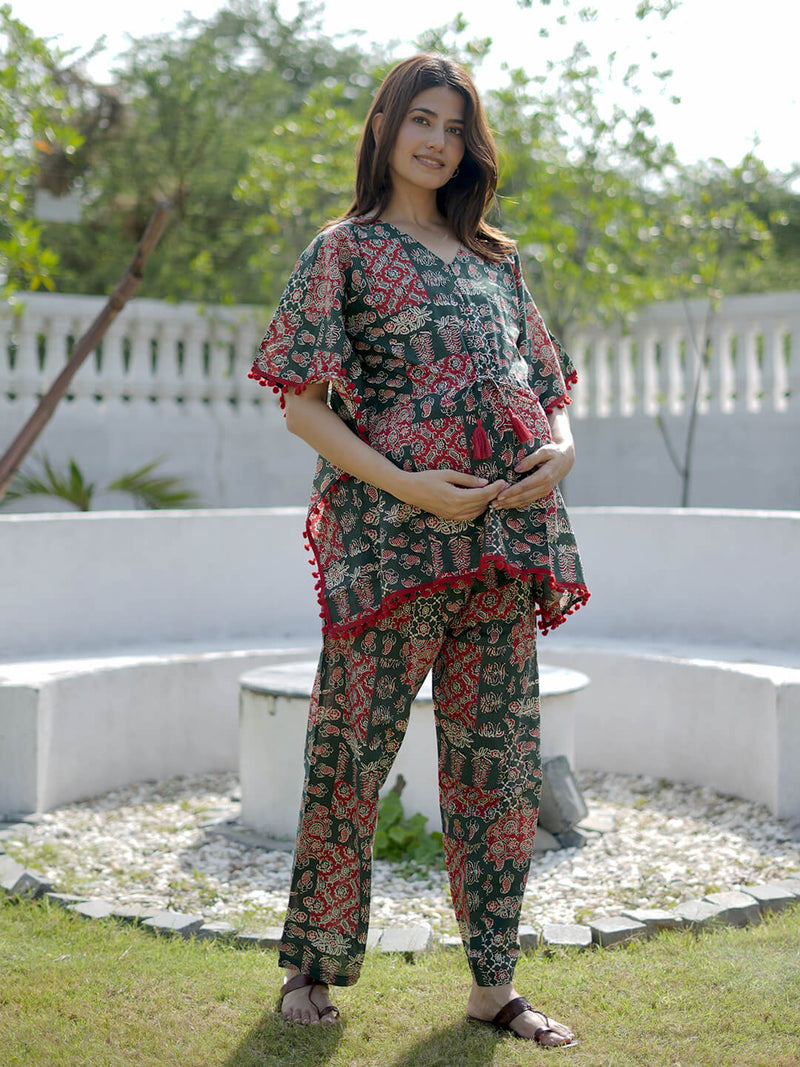 Bottle Green Ethnic Motifs Print Maternity Feeding-Friendly Kaftan Night Suit with Concealed Zipper