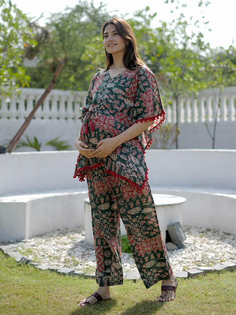 Bottle Green Ethnic Motifs Print Maternity Feeding-Friendly Kaftan Night Suit with Concealed Zipper