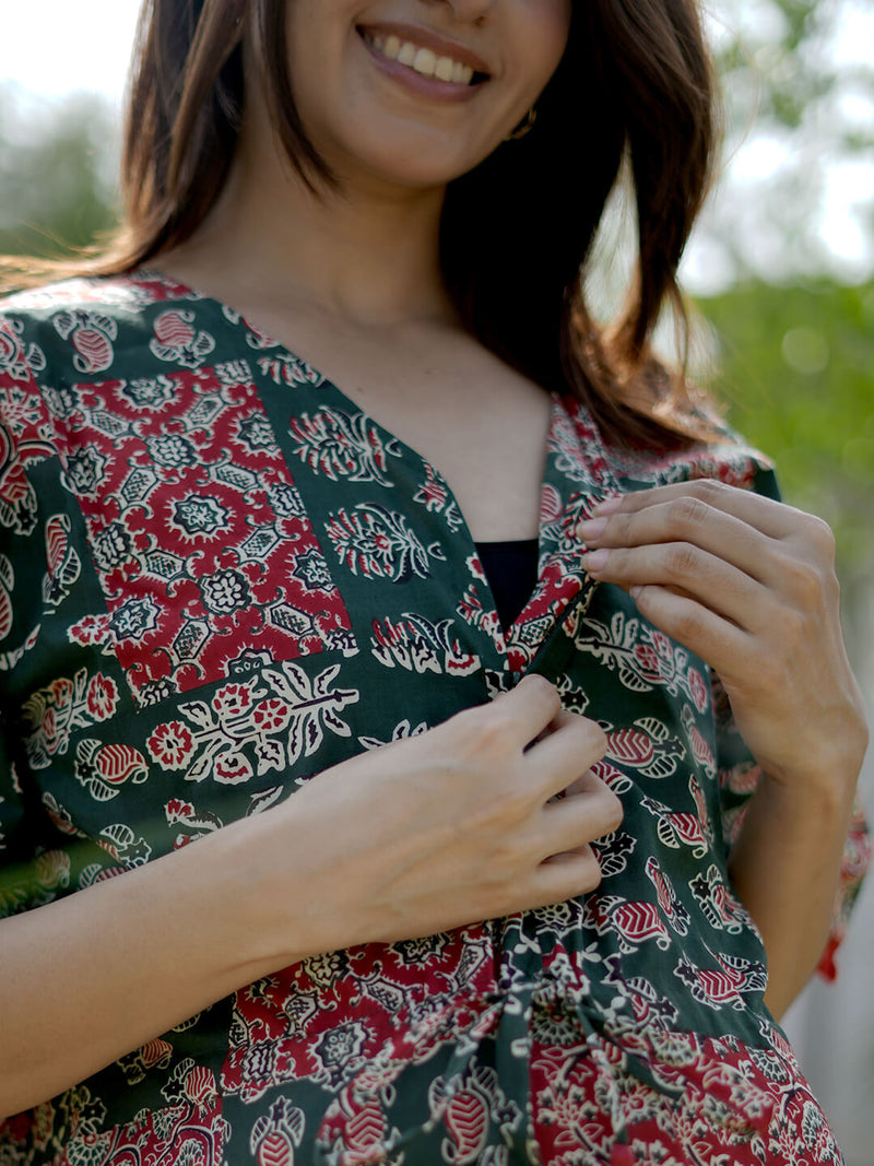 Bottle Green Ethnic Motifs Print Maternity Feeding-Friendly Kaftan Night Suit with Concealed Zipper