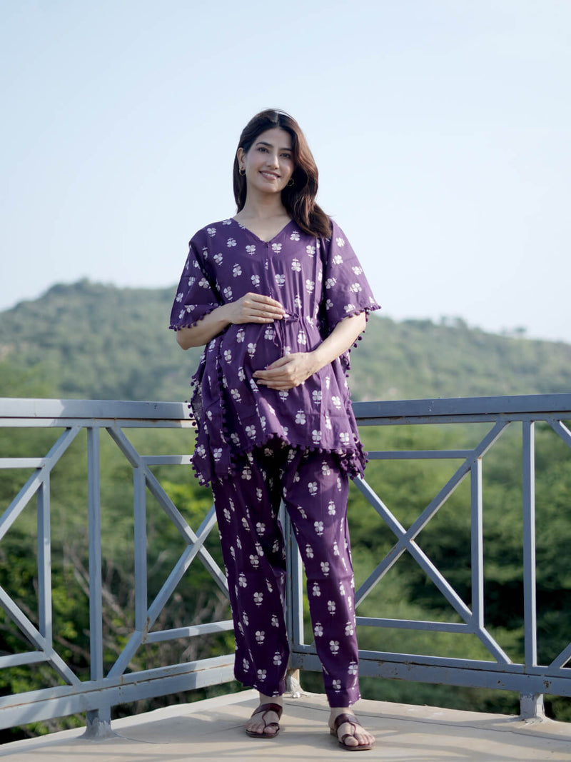 Purple Floral Print Maternity Feeding-Friendly Kaftan Night Suit with Concealed Zipper