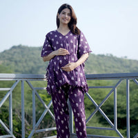Purple Floral Print Maternity Feeding-Friendly Kaftan Night Suit with Concealed Zipper