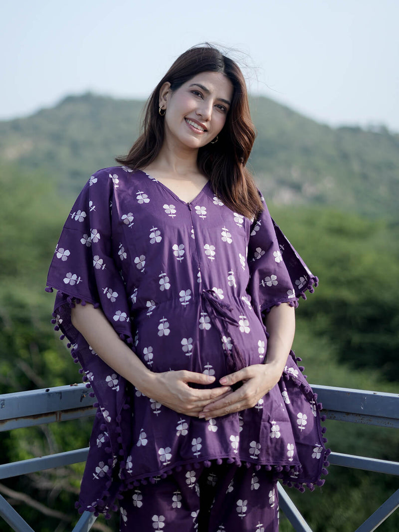 Purple Floral Print Maternity Feeding-Friendly Kaftan Night Suit with Concealed Zipper