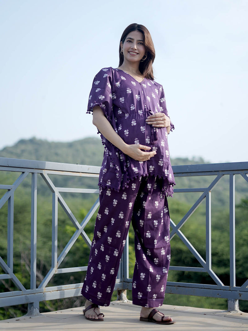 Purple Floral Print Maternity Feeding-Friendly Kaftan Night Suit with Concealed Zipper