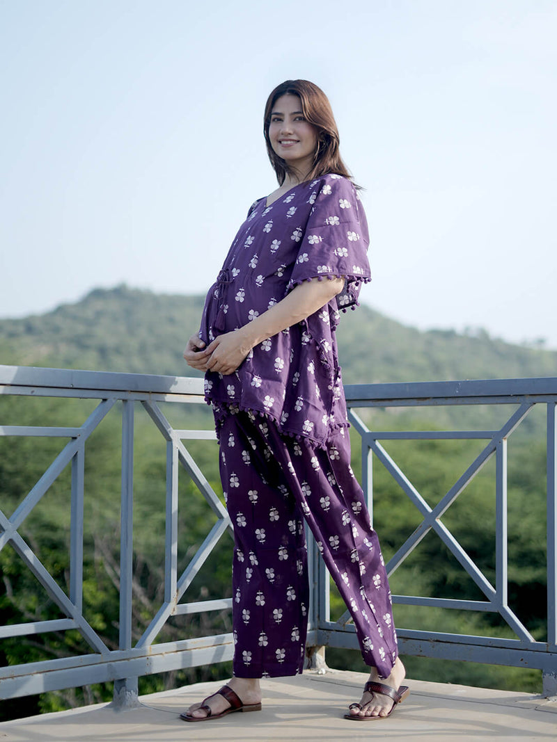Purple Floral Print Maternity Feeding-Friendly Kaftan Night Suit with Concealed Zipper