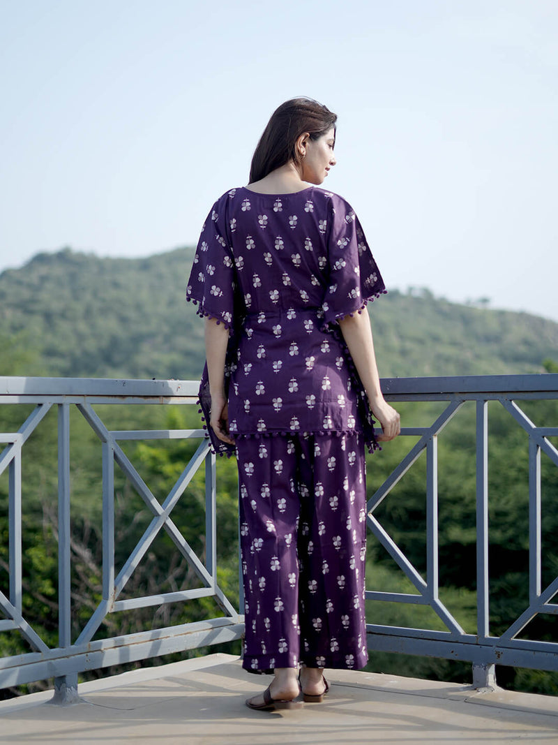 Purple Floral Print Maternity Feeding-Friendly Kaftan Night Suit with Concealed Zipper
