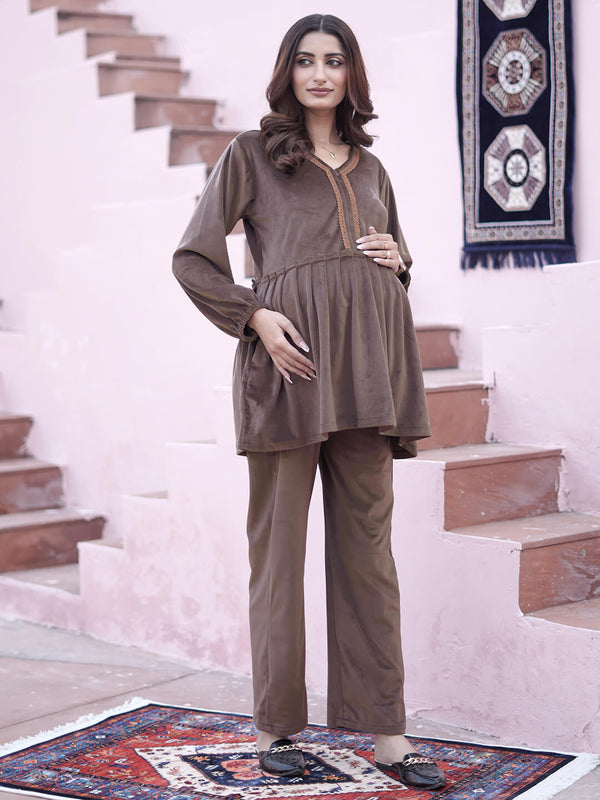 Taupe Velvet Maternity Feeding Night Suit