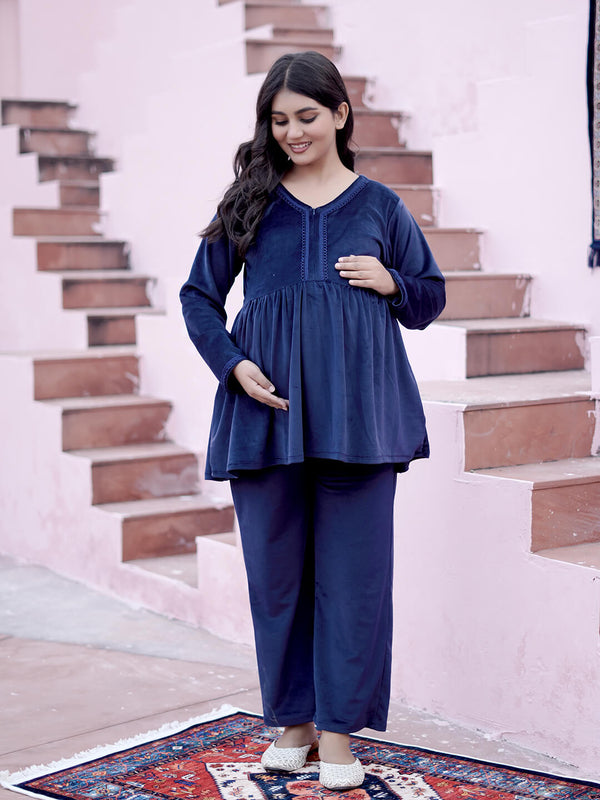 Navy Blue Velvet Maternity Feeding Night Suit