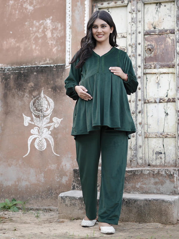 Bottle Green Velvet Maternity Feeding Night Suit