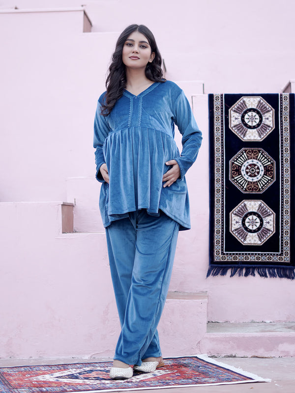 Teal Blue Velvet Maternity Feeding Night Suit