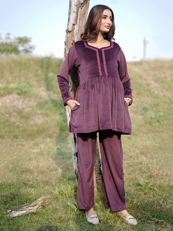 Plum Velvet Maternity Feeding Night Suit