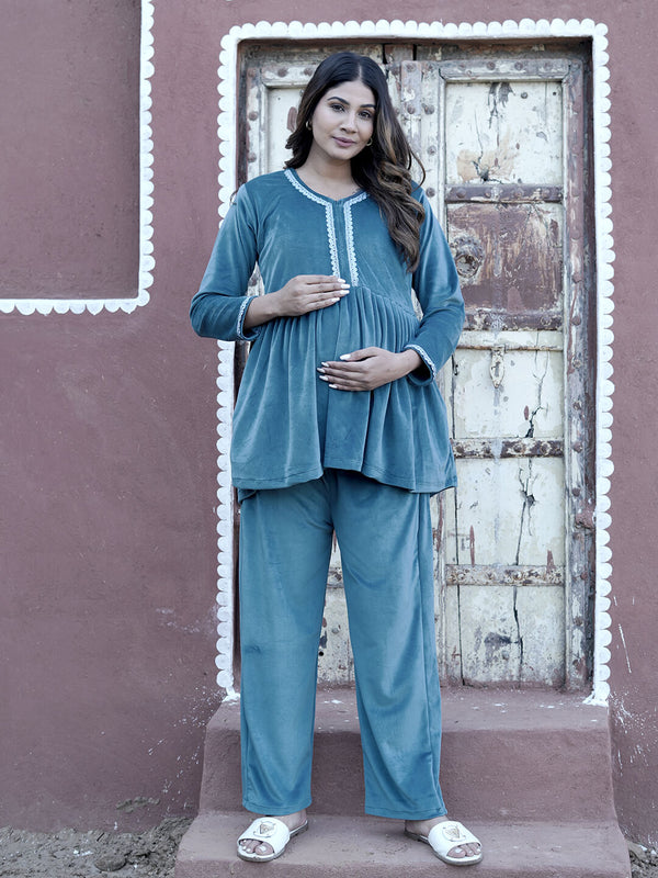 Teal Blue Velvet Maternity Feeding Night Suit
