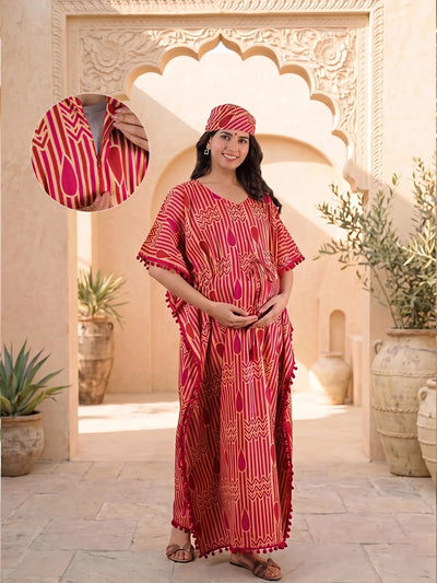 Beige Maroon Geometric Print Cotton Maternity Feeding-Friendly Kaftan Dress