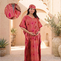 Beige Maroon Geometric Print Cotton Maternity Feeding-Friendly Kaftan Dress